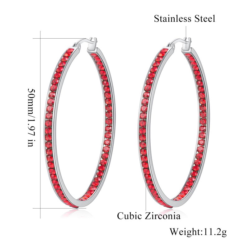 CiNily Ladies Earring Hoops Stainless Steel Hoop Earrings for Women Red Cubic Zirconia Large Big Hoop Earrings 2" - Image 3